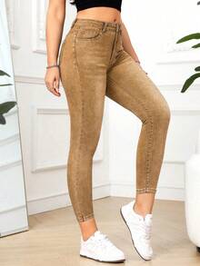SHEIN PETITE Denim Slim Fit Lavado Casual - Castanho - Visão 6