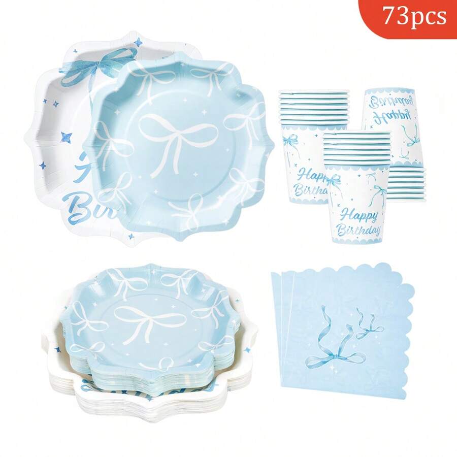 Disposable Plates, Napkins, Paper Cups, And Party Supplies In The Shape Of Blue Bow Petals, Suitable For 16 Guests, Birthdays, Weddings, Themed Parties, Family Picnics, Disposable Plates, And Party Utensils - View 1