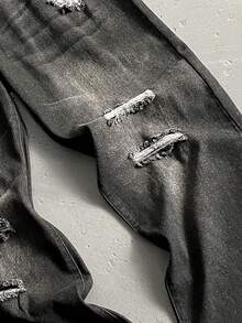 Manfinity EMRG 男士休闲做旧宽松斜口袋牛仔裤，秋季 - 深灰色 - 查看 4