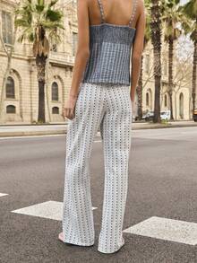 Nöista High-Waisted Denim Pants 4 Pockets, Feature A Vertical Print Stripe Pattern With A Flared Leg Design. Spring, Summer, Easter - Blue - View 2