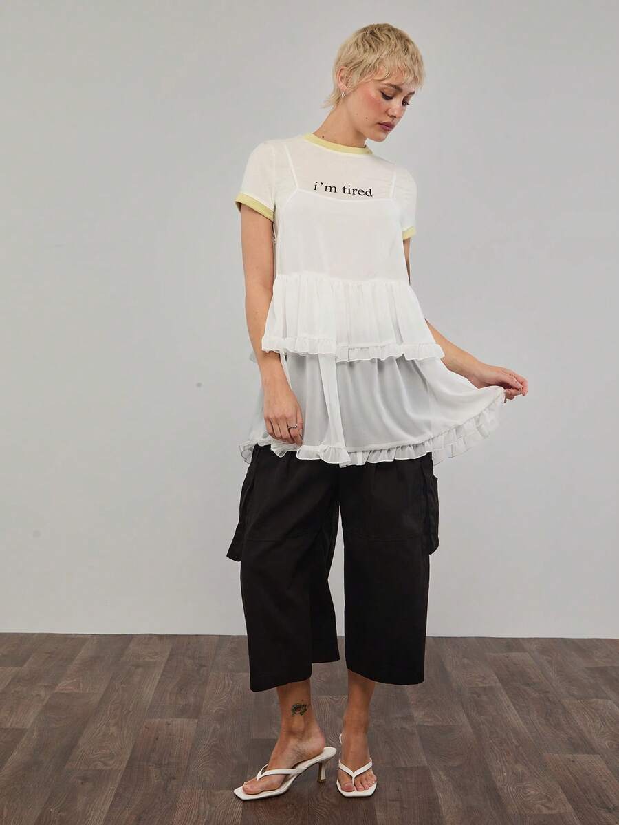 COUREZ Sheer Mesh Cami Layering Dress With Ruffle Hem Detail /Y2K Summer Clothes For Women White Dresses Summer Outfits Going Out Outfits Sheer Dresses Concert Outfits Spring Outfits For Women - White - View 1