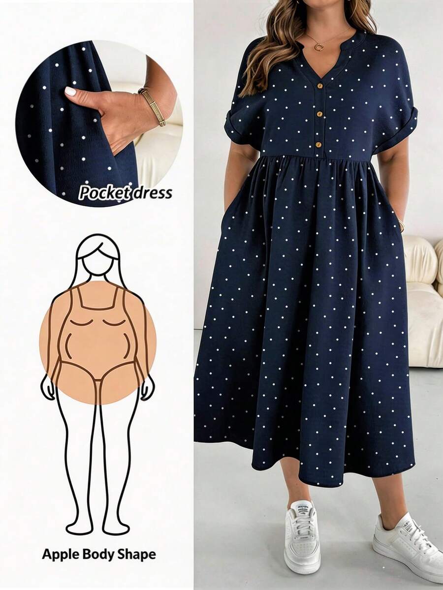 SHEIN Essnce 大码波点印花短袖连衣裙 - 彩色 - 查看 1