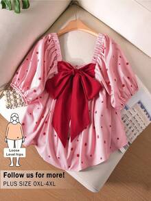 CosyJoli 大码女式蝴蝶结衬衫，休闲女士服装，可爱夏季印花衬衫 - 紅色 - 查看 1