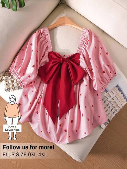 CosyJoli Blusa con lazo para mujer talla grande, ropa casual de dama, camisa de verano con estampado lindo