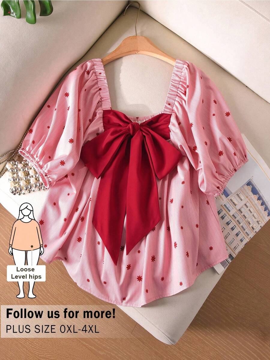 CosyJoli 大码女式蝴蝶结衬衫，休闲女士服装，可爱夏季印花衬衫 - 紅色 - 查看 1