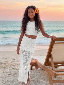 Tween Girl Vacation Knit Crochet Vest & Slit Skirt Set, Suitable For Music Festival, Boho Style - White - View 5