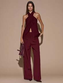 SHEIN BAE Women's Solid Brown/Coffee Color Elegant Halter Backless Blouse, Wrap Style Shirt For Autumn/Winter,Summer Top - Burgundy - View 3