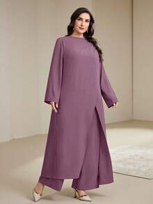 Veilorie Plus Size Women's Solid Color Long Sleeve Split Hem Long Shirt And Wide Leg Pants Casual 2-Piece Set - Purple - View 6
