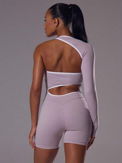 Musera Sport Bộ jumpsuit dài tay bất đối xứng, phối màu tương phản, thích hợp cho tập luyện thể thao, tập gym, pilates, thể dục, mặc hàng ngày, họa tiết hoa dâm bụt.