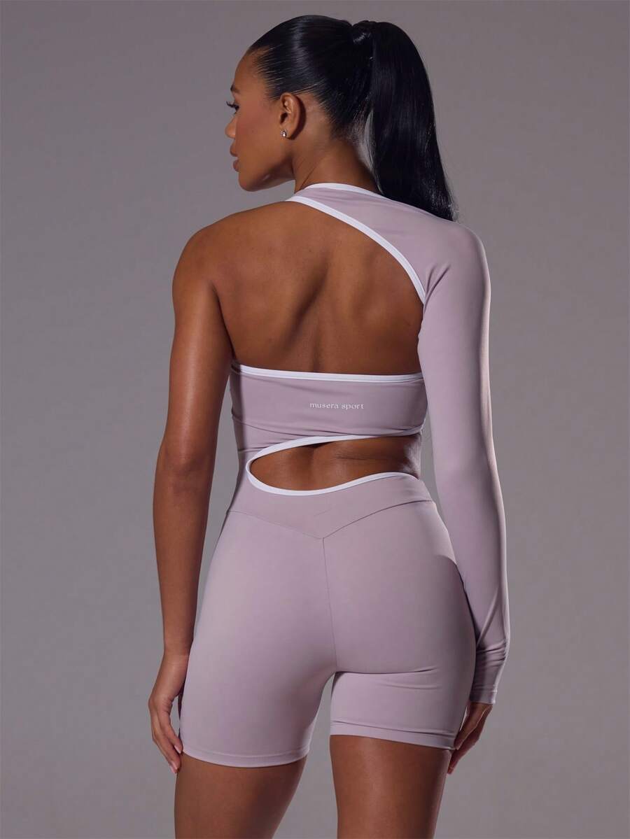 Musera Sport 撞色镂空不对称长袖运动连体衣，适合健身、运动、普拉提、日常休闲穿着，芙蓉花色 - 紫色 - 查看 1