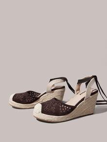 Styleloop 女士圆头厚底刺绣系带舒适透气休闲绳坡跟鞋，适合日常通勤、简单度假旅行、波西米亚音乐节、休闲凉鞋 - 咖啡棕 - 查看 2