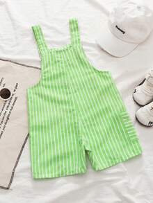 SHEIN Playful Pals 男童条纹休闲复古简约舒适百搭背带裤，夏季 - 綠色 - 查看 2