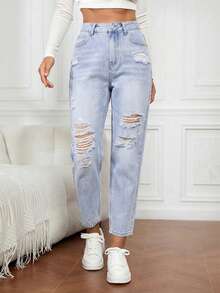 Flexra Quần jean denim bạc màu rách rưới thường ngày - Màu xanh lam - Xem 6