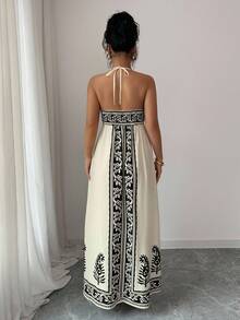 Selianne 女士印花深V领连衣裙，夏季大学校园服装 - 杏色 - 查看 2