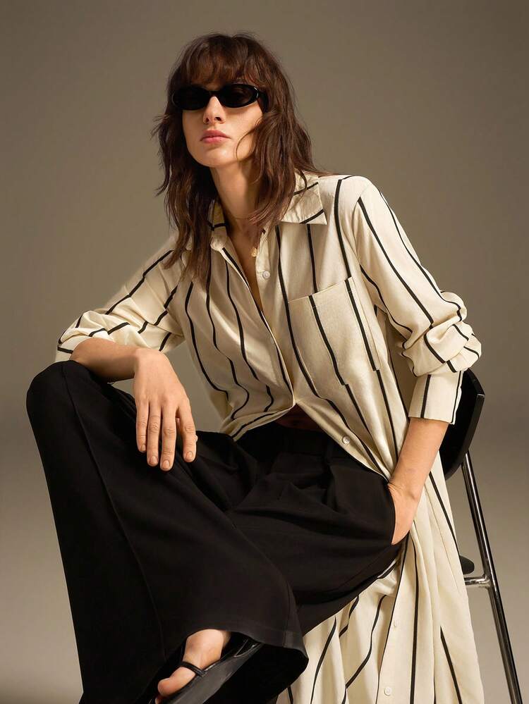 2026 Spring/Summer Women's Party, Vacation, Vacation Dress, Spring/Summer Clothing, All-Season Clothing, Spring/Summer Clothing, Back To School Women, Back To School Outfit, Women's Teacher Outfit, Outgoing Outfit, Night Out Outfit, Wedding Guest Dress, Elegant Wedding Guest Dress, Church, Women's Church Attire, Business Casual, Women's Business Casual Striped Long Sleeve Single-Breasted Casual Shirt, Long Dress