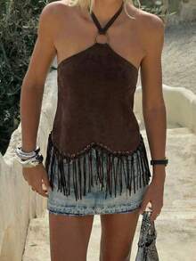 Opulessa 女士纯色流苏吊带背心，春夏款 - 咖啡棕 - 查看 2