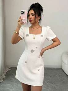 SHEIN Elenzya 女士优雅夏季水钻装饰圆领短袖连衣裙 - 白色 - 查看 6