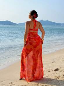 Sunnyshic Sexy Island Beach Resort Strapless Sleeveless Mesh Floral Print Dress, Plus Size - Orange - View 4