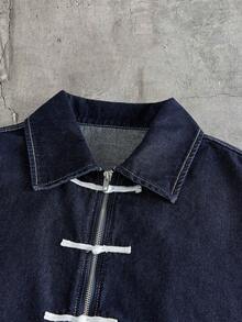 AXEPEAK 男士蓝色短袖衬衫，中国风宽松短外套 - 藏蓝色 - 查看 3