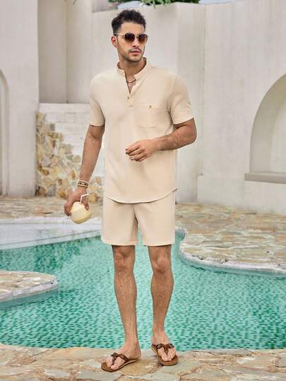Mercer Haus Men's Solid Color Front Button Pocket Short Sleeve Top And Shorts 2 Pieces Set Men Two Pieces Casual , Suitable For Summer Tropical Holiday Vacation In Hawaii.