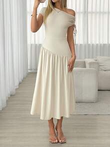 Easowa Women's Asymmetrical Asymmetric Shoulder Ruched Tie Bow Decor Dress - Apricot - View 2