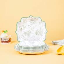 绿色花朵造型方形花瓣一次性餐盘、餐巾纸、纸杯套装，一次性派对用品套装，适合16位客人，适用于生日、婚礼、主题派对、家庭野餐等场合，一次性餐盘派对餐具 - 查看 3