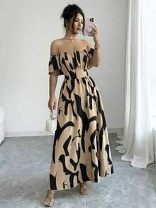 Elenzga Mẫu đầm dài trễ vai thanh lịch mới về dành cho nữ - Màu Khaki - Xem 4