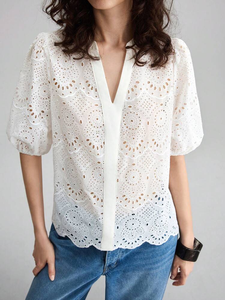 Women's Ivory Embroidered Short Sleeve Blouse, Elegant Wedding Guest Outfit, Minimalist Romantic French Chic Luxury Feel, Urban Fashionable Business Casual Office Wear, Subtle Old Money Vibe, High-End Summer, Holiday, Commute, Office Wear Summer Blouses For Women White Blouses For Women Casual Blouses Women