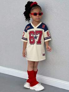 SHEIN Camiseta de manga corta con cuello en V, estampado de rayas y números para niña - Multicolor - Ver 4