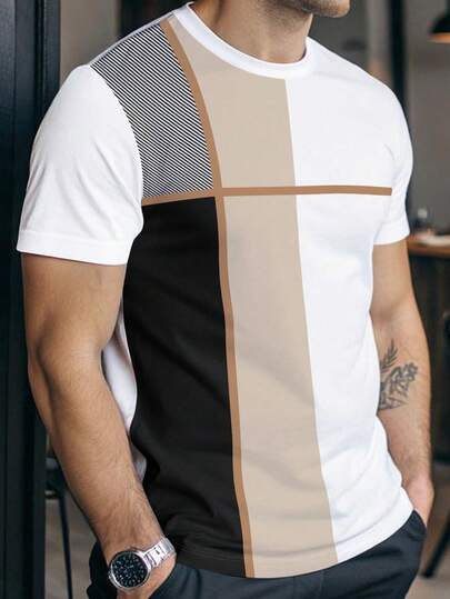 Manfinity Dauomo 加大码男士条纹圆领短袖休闲T恤