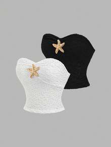 Sweetra 经典法式性感风黑白露脐吊带套装，收腰修身设计，质感面料，轻盈夏季沙滩装，金属海星装饰，青春活力 - 黑與白 - 查看 1