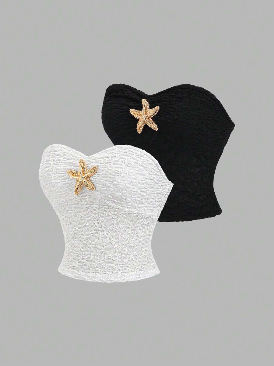 Sweetra 经典法式性感风黑白露脐吊带套装，收腰修身设计，质感面料，轻盈夏季沙滩装，金属海星装饰，青春活力 - 黑與白 - 查看 1