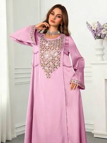 Al Najma Đầm thời trang kiểu Ả Rập cổ đính hạt dành cho nữ - Màu Lilac Tím - Xem 7