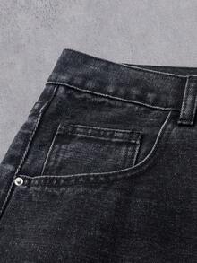 Manfinity Denimwave Vintage American Personalized Frayed Hem High Street Embroidered Washed Loose Barrel Leg Jeans, Versatile For Daily Wear - Black - View 3