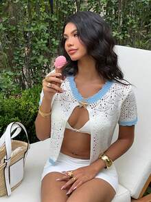 Sunnyshic Áo khoác cardigan mỏng nhẹ, thời trang mùa hè dành cho nữ, phong cách tối giản, thích hợp cho kỳ nghỉ biển, họa tiết sao biển, phối màu tương phản và khoét rỗng. - Nhiều màu - Xem 6