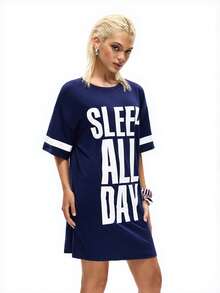 口号图案落肩睡衣睡裙 - 藏蓝色 - 查看 3