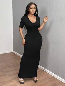 SHEIN PETITE CURVE 大码休闲纯色修身短袖针织连衣裙 - 黑色 - 查看 5