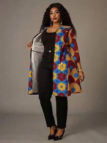 BrightlyHer Plus Size Women Floral Print Casual Versatile Daily Wear Open Front Long Sleeve Coat Fall - Yellow - View 8