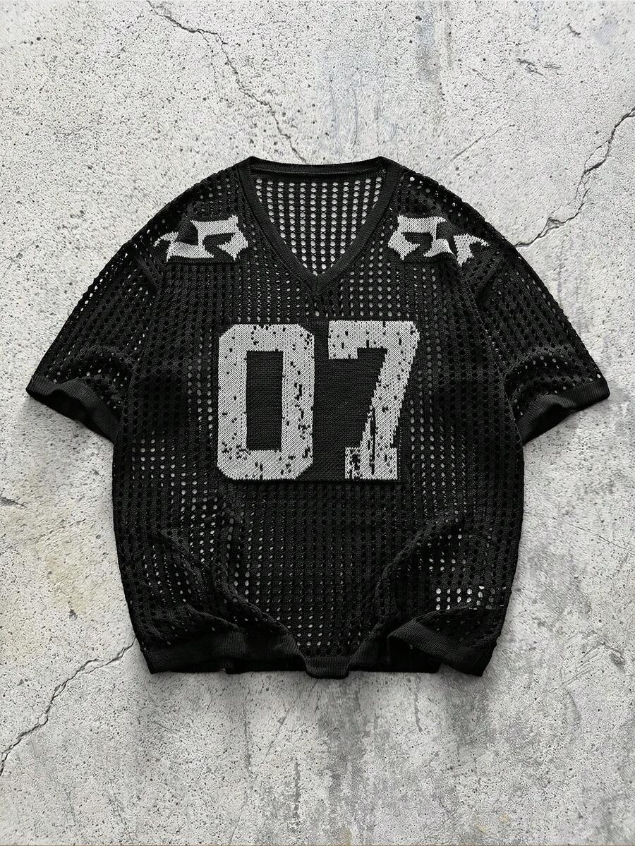 EVRINFINITE 男士V领短袖镂空休闲针织上衣 - 黑色 - 查看 1