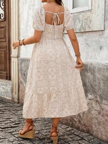 Boho Mama Đầm bầu kiểu dáng nghỉ hè, chất liệu jacquard lưới thêu, cổ tim, tay phồng, vạt trước xếp ly. - Màu Khaki - Xem 2