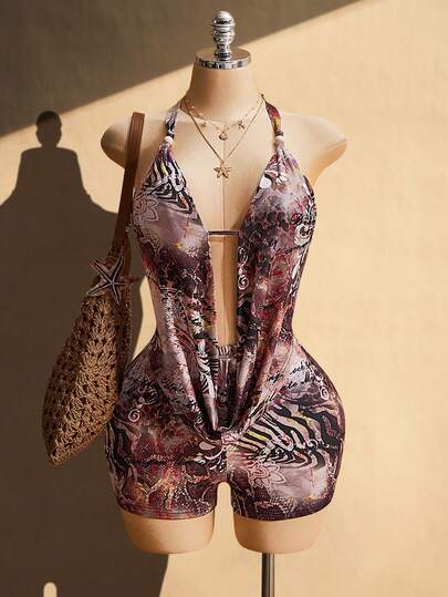 SHEIN ICON 大码女式动物纹吊带上衣和短裤套装，夏季度假