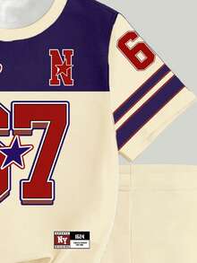 春夏少女休闲时尚创意个性清新简约时尚67号徽章五角星条纹米色和海军蓝拼接字母标语印花休闲基础款短袖T恤和骑行短裤套装，舒适温暖的夏秋款式，适合春、夏、秋季日常运动穿着。 - 彩色 - 查看 6