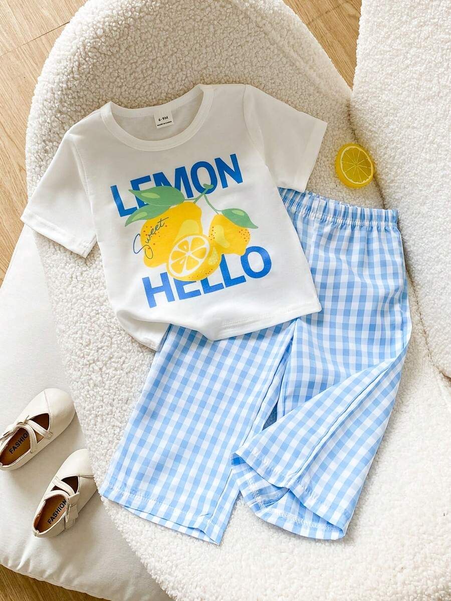 SHEIN Playful Pals 2件套女婴格子休闲舒适时尚百搭春夏套装 - 藍色 - 查看 1