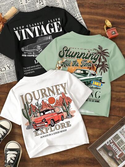 SHEIN 3件套男婴休闲简约百搭T恤，宽松舒适短袖圆领T恤，适合夏季穿着