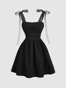 SHEIN MOD Váy mùa hè lãng mạn dây lưới xếp nếp màu trơn - màu đen - Xem 1