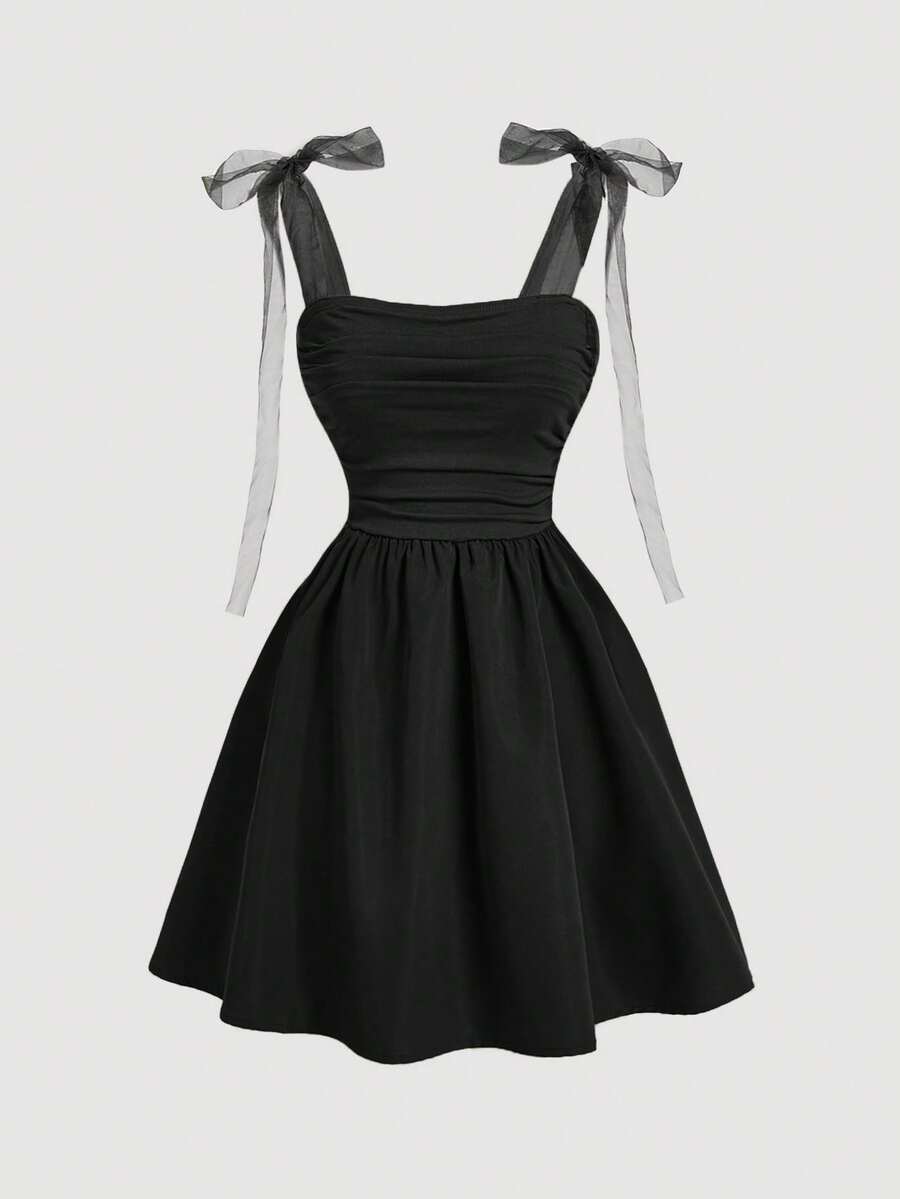 SHEIN MOD Váy mùa hè lãng mạn dây lưới xếp nếp màu trơn - màu đen - Xem 1