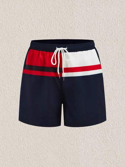 Mercer Haus Men's Summer Printed Pattern Drawstring Waist Slant Pocket Hawaiian Quick-Dry Double-Layer Mesh Lined Shorts, Contrast Color 3D Artistic Print, Fashion Casual Beachwear Swim Trunks