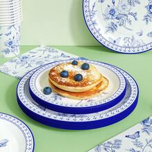 蓝白蝴蝶花枝图案一次性餐盘、餐巾纸和杯子，派对用品套装，可供 24 人使用，一次性纸质派对餐具，适合生日、婚礼、主题派对、家庭野餐。 - 查看 4