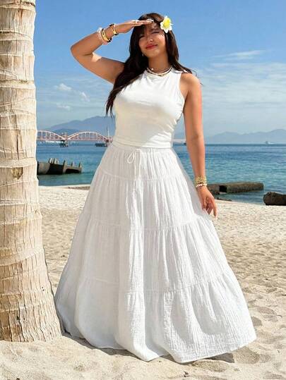 SHEIN EZwear 大码夏季度假纯色露脐背心和荷叶边半裙两件套