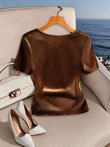 Franclia Women's Asymmetrical Neck T-Shirt, Women's Knit Rib Elastic Fitted T-Shirt - Coffee Brown - View 2